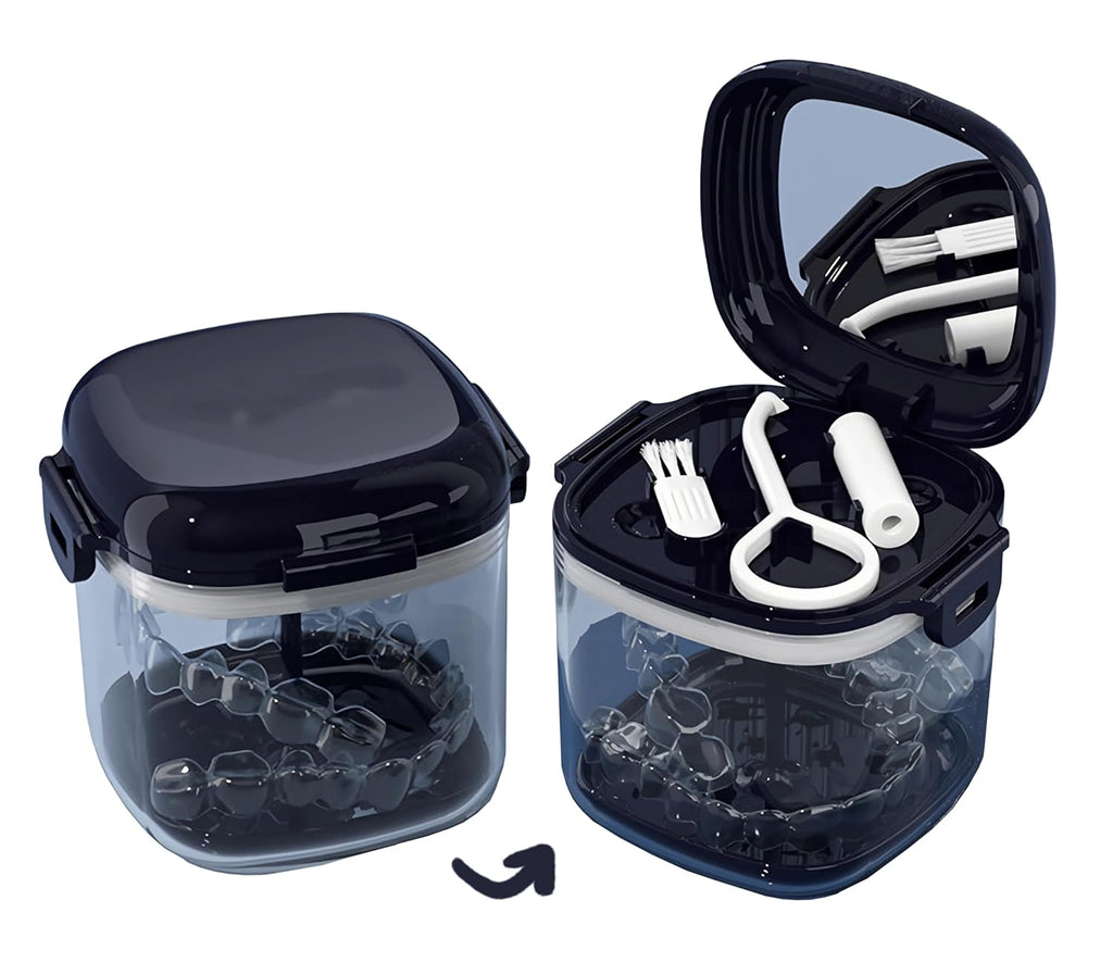 MURRI&MURRDI Retainer Case, Denture Bath Box with Strainer Basket, Mouth Guard Case, Braces Cleaner Cup, Cute Denture Holder Night Guard Storage Soak Container for Travel Cleaning (A Blue)