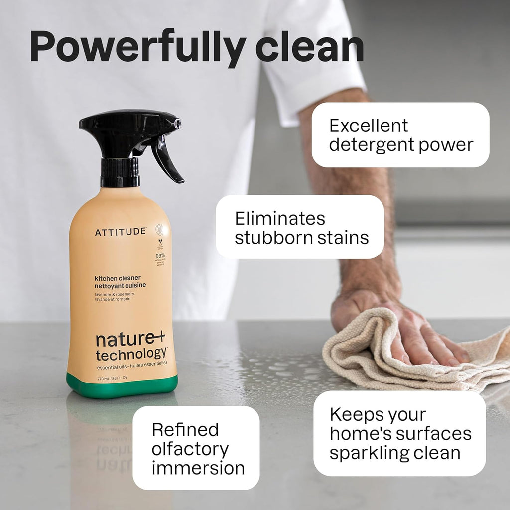 ATTITUDE Kitchen Cleaner Spray, Natural Origin Ingredients, EWG Verified, Cleans and Degreases, Streak-Less, Lavender & Rosemary, 26 Fl Oz (Pack of 3)