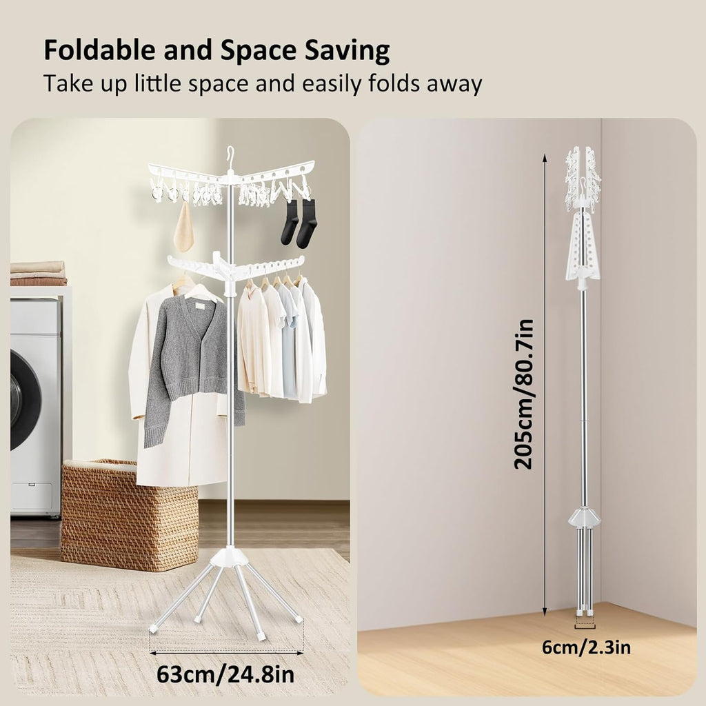 SUYU Clothes Drying Rack,Folding Clothes Drying Tree, 2 Layer with 24 Clips and 3 Rotatable Arms,66.9-Inch Indoor Clothes Rack,Stainless Steel,4 Legs,White and Silver SNJ102