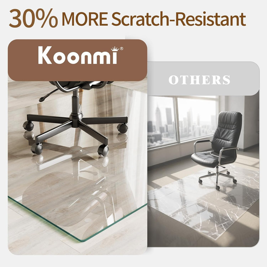 Koonmi Tempered Glass Chair Mat 50"x65" - Premium Office Chair Mat for Hardwood Floors & Low-Pile Carpet with 4 Non-Slip Pads - Thick Scratch-Resistant Surface