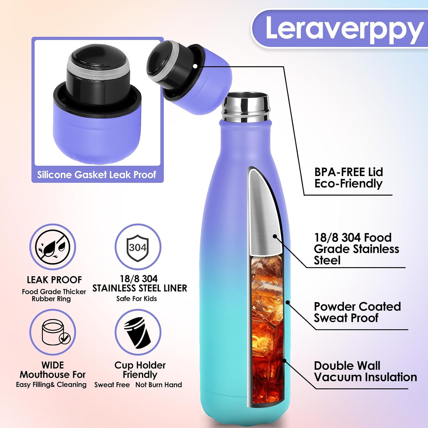 17oz Cola-Bottle Shaped Stainless Steel Leak-proof Water Bottle,Double Wall Vacuum Insulated Metal,Travel Mug For Sports Indoors & Outdoors,BPA-Free Kids Flasks,Purple Blue(1Pack)