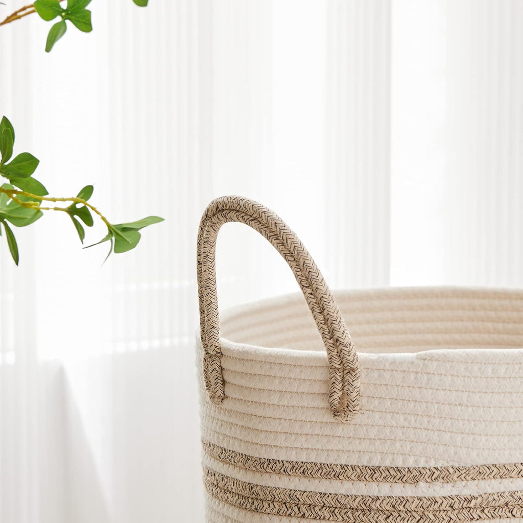 VIPOSCO Large Laundry Hamper, Tall Woven Rope Storage Basket for Blanket, Toys, Dirty Clothes in Living Room, Bathroom, Bedroom - 100L Brown & White