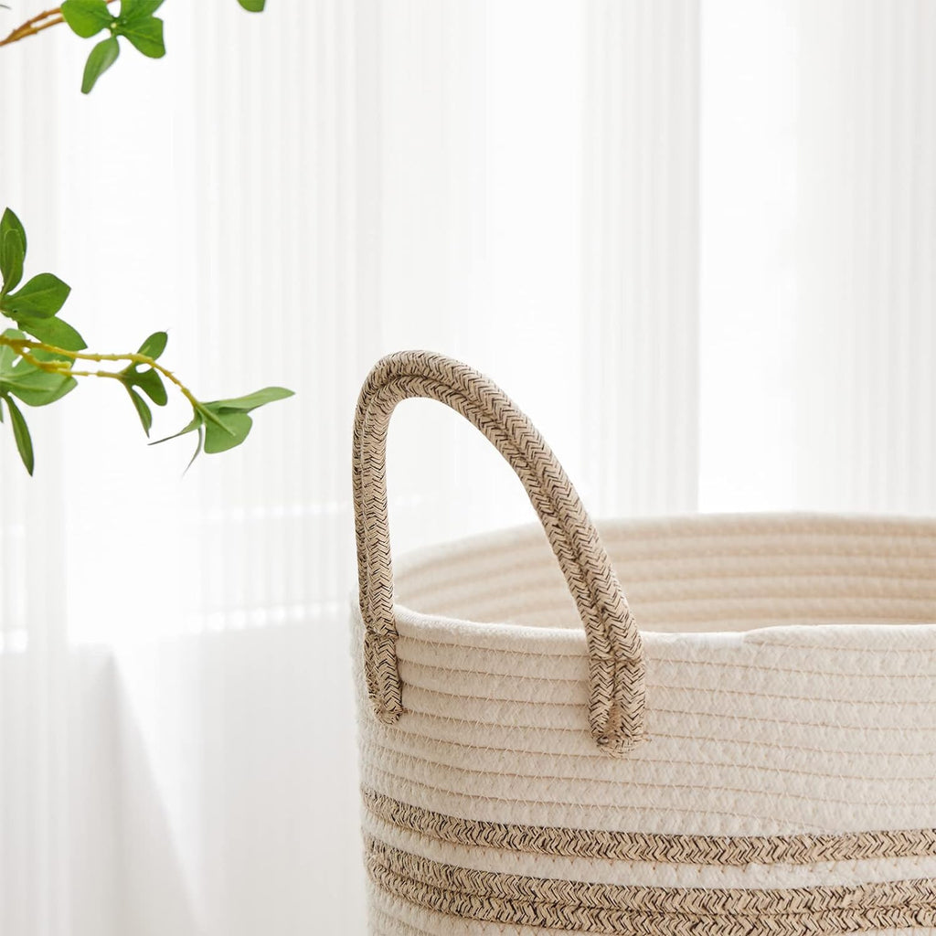 VIPOSCO Large Laundry Hamper, Tall Woven Rope Storage Basket for Blanket, Toys, Dirty Clothes in Living Room, Bathroom, Bedroom - 58L Brown & White