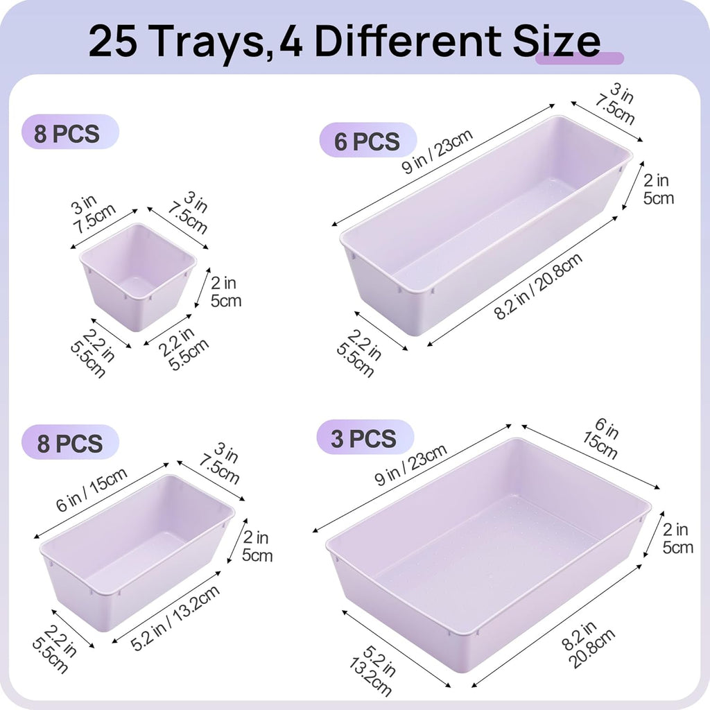 Vtopmart 25 PCS Plastic Drawer Organizers Set, 4-Size Versatile Bathroom and Vanity Drawer Organizer Trays, Storage Bins for Makeup, Bedroom, Kitchen Gadgets Utensils and Office
