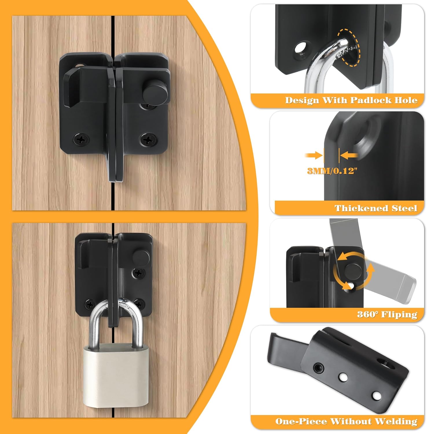 Alise Flip Latch Gate Latches Slide Bolt Latch Safety Door Lock Catch for Barn Cabinet Pet Cage Garden Bathroom Garage Window Sliding Door,Heavy Duty Stainless Steel Matte Black,MS3006R-B