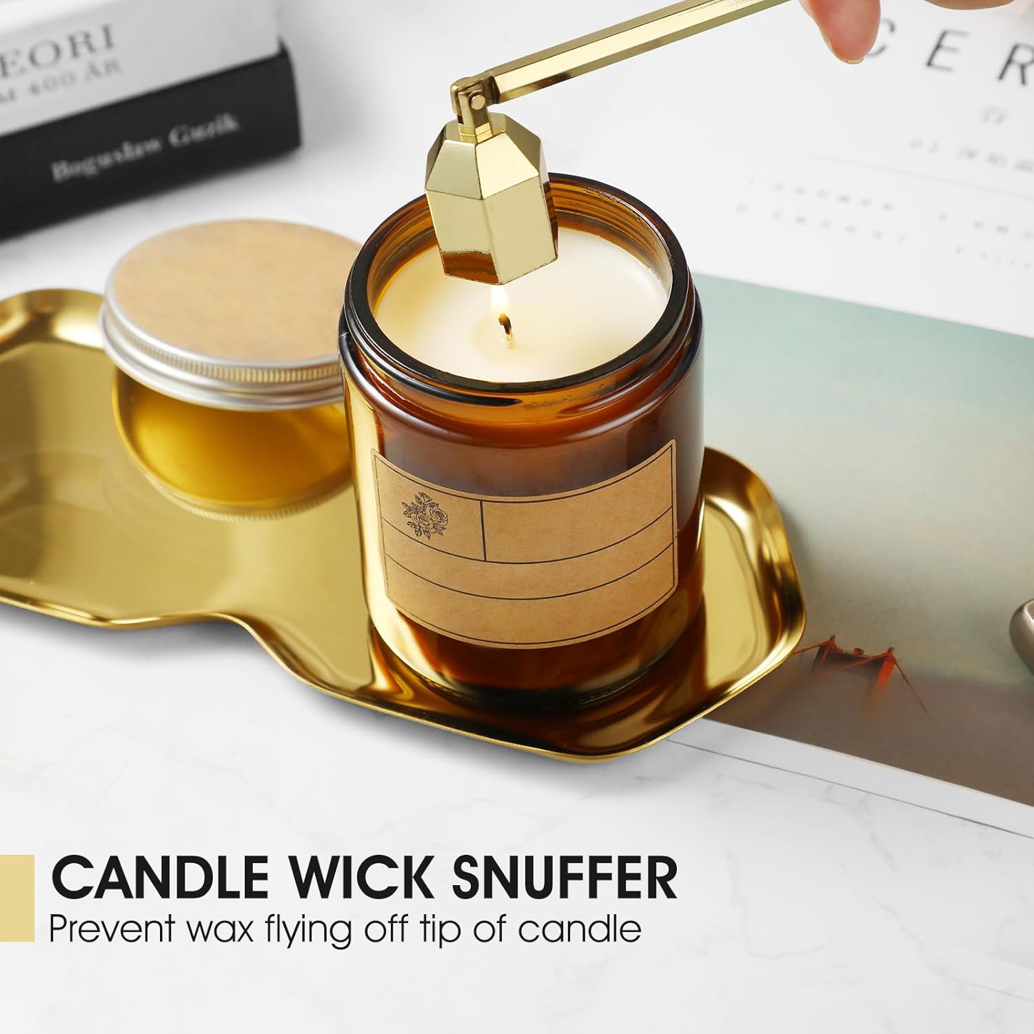 PATOISE 4 in 1 Candle Accessory Set, Wick Trimmer, Candle Snuffer, Wick Scoop,Storage Tray,Perfect for Candle Lovers(Gold)