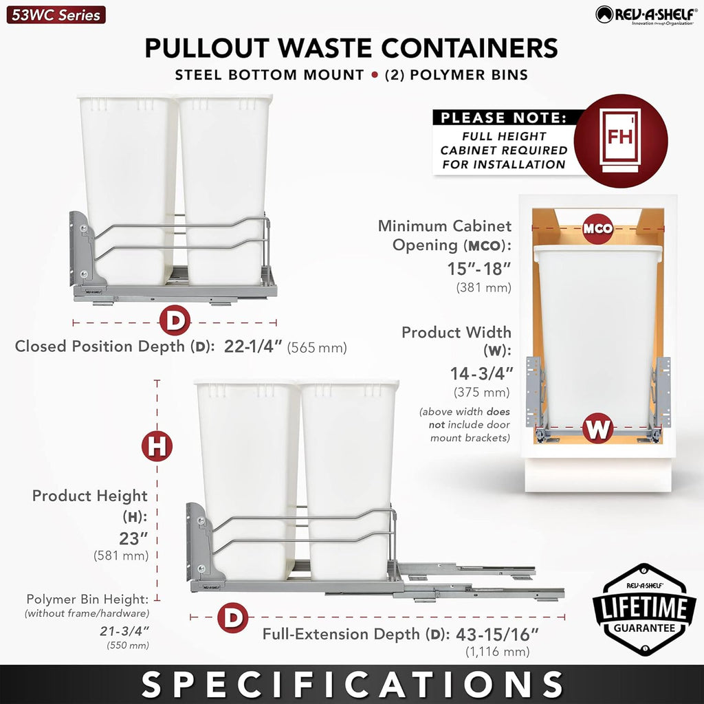 Rev-A-Shelf Double Pullout Trash Cans for Full Height Kitchen Cabinets 50 Quart 12.5 Gallon with Soft-Close Slides, White, 53WC-2150SCDM-211