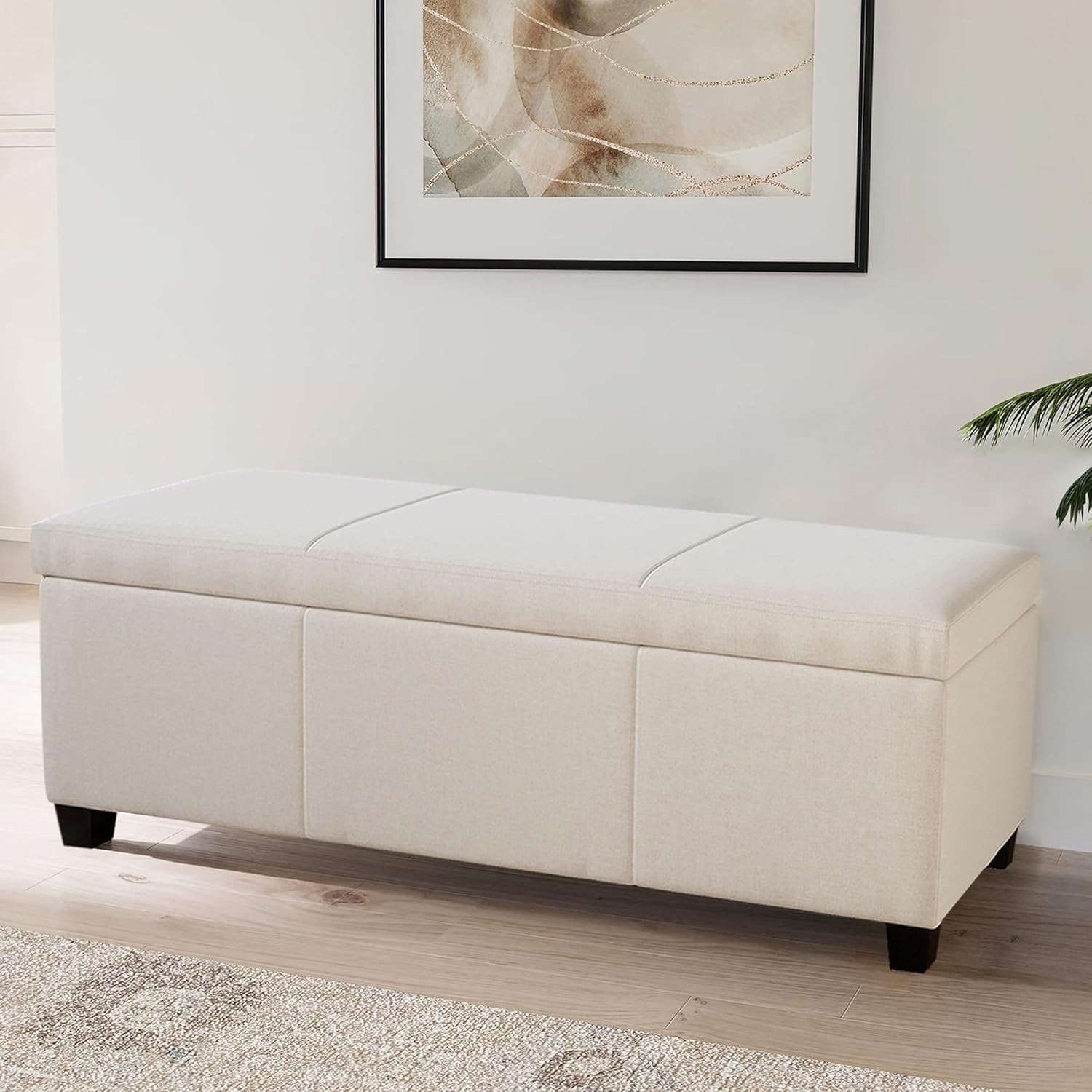 BELLEZE Storage Faux Leather Ottoman, 47 Inch Bench Bedroom Bench with Safety Close Hinge, Extra Long Ottoman with Storage for Living Room, Entryway, Hallway, Foot Rest, Support 300lbs - Beige