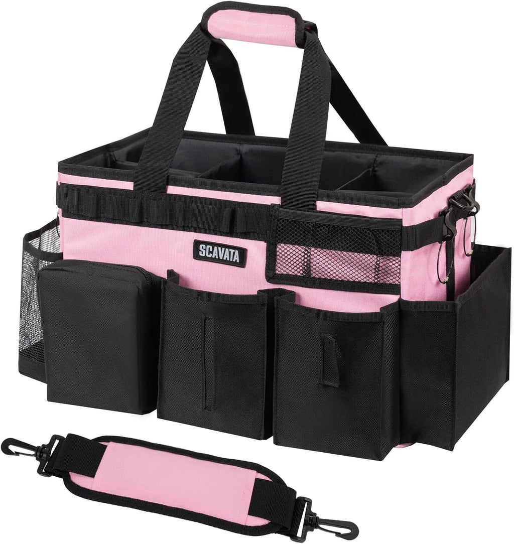 Wearable Cleaning Caddy Bag, Cleaning Caddy Supplies Organizer with Handle & Shoulder Straps for Housekeepers, Under Sink & Car Cleaning Tool Organizers with 4 Foldable Divider (SweetPink)