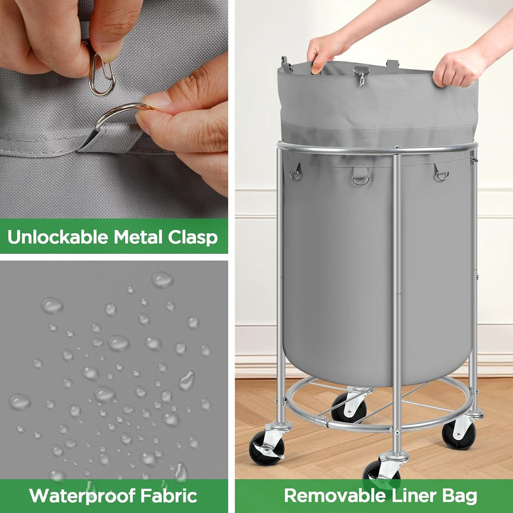 Laundry Hamper with Wheels, 100L Round Rolling Laundry Basket Sorter with Removable Bag, Clothes Cart Organizer with Steel Frame for Bedroom, Bathroom, Laundry Room, Grey