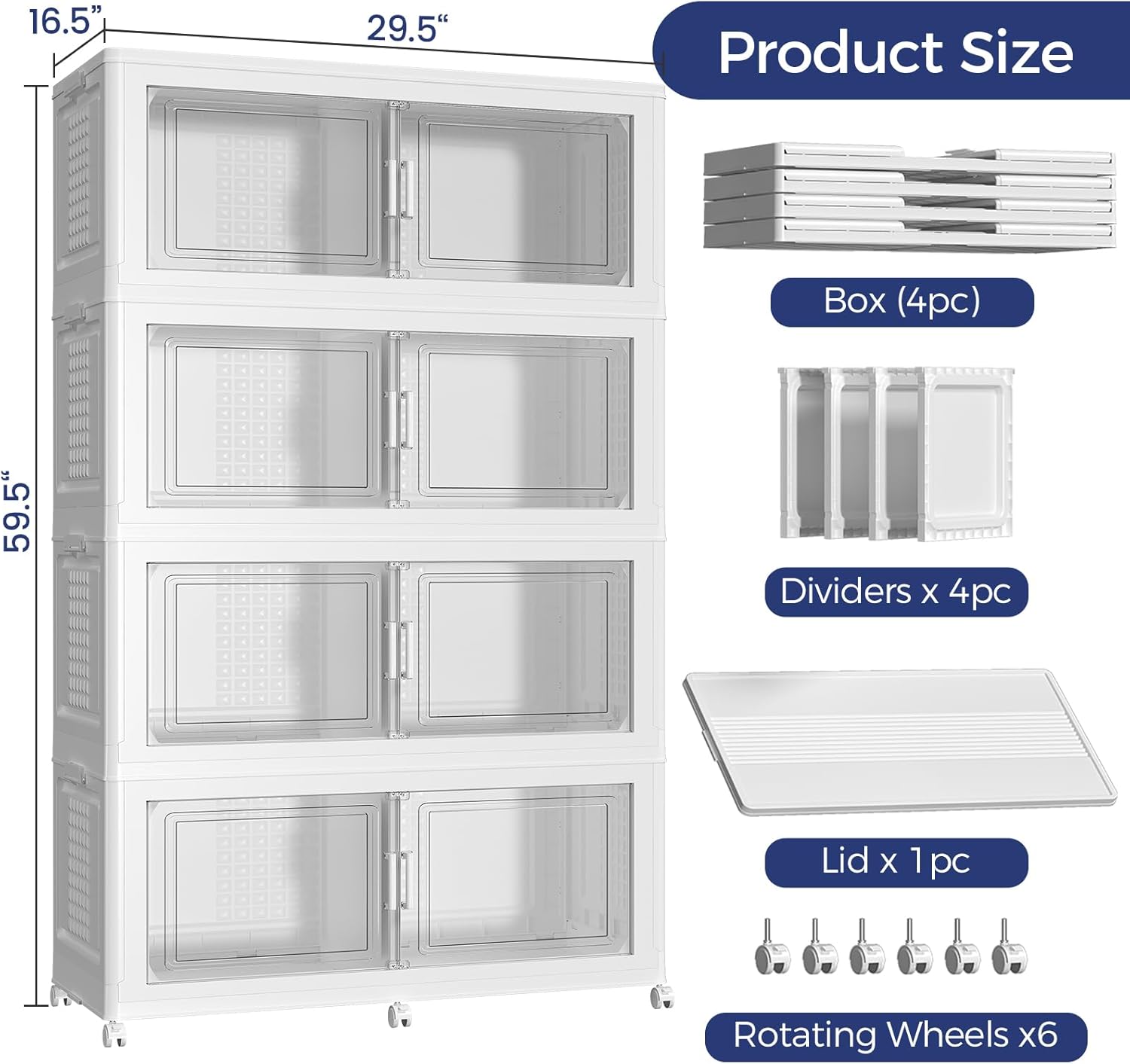 160GAL Extra Large Storage Bins with Lid, 640Qt Stackable Closet Organizers and Drawers, Collapsible Storage Bins with Wheels, Folding Storages Cabinet for Home Bedroom Office, 4Pack White