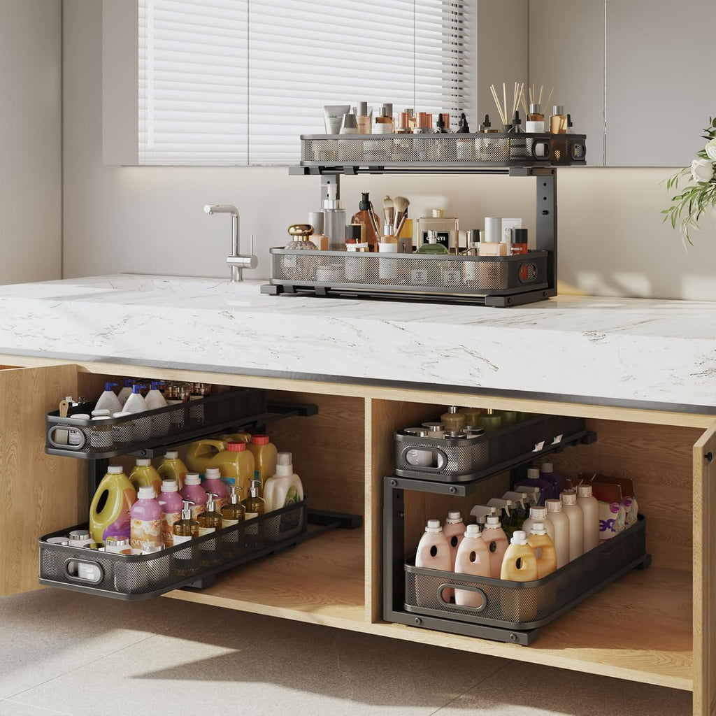 2 Pack 21.3IN-Depth Under Sink Organizer with Smooth Cylindrical Rail,2-Tier Pull Out Multi-Purpose Cabinet Storage for Bathroom&Kitchen,Height Adjustable,Rust-Resistant Coating-Black