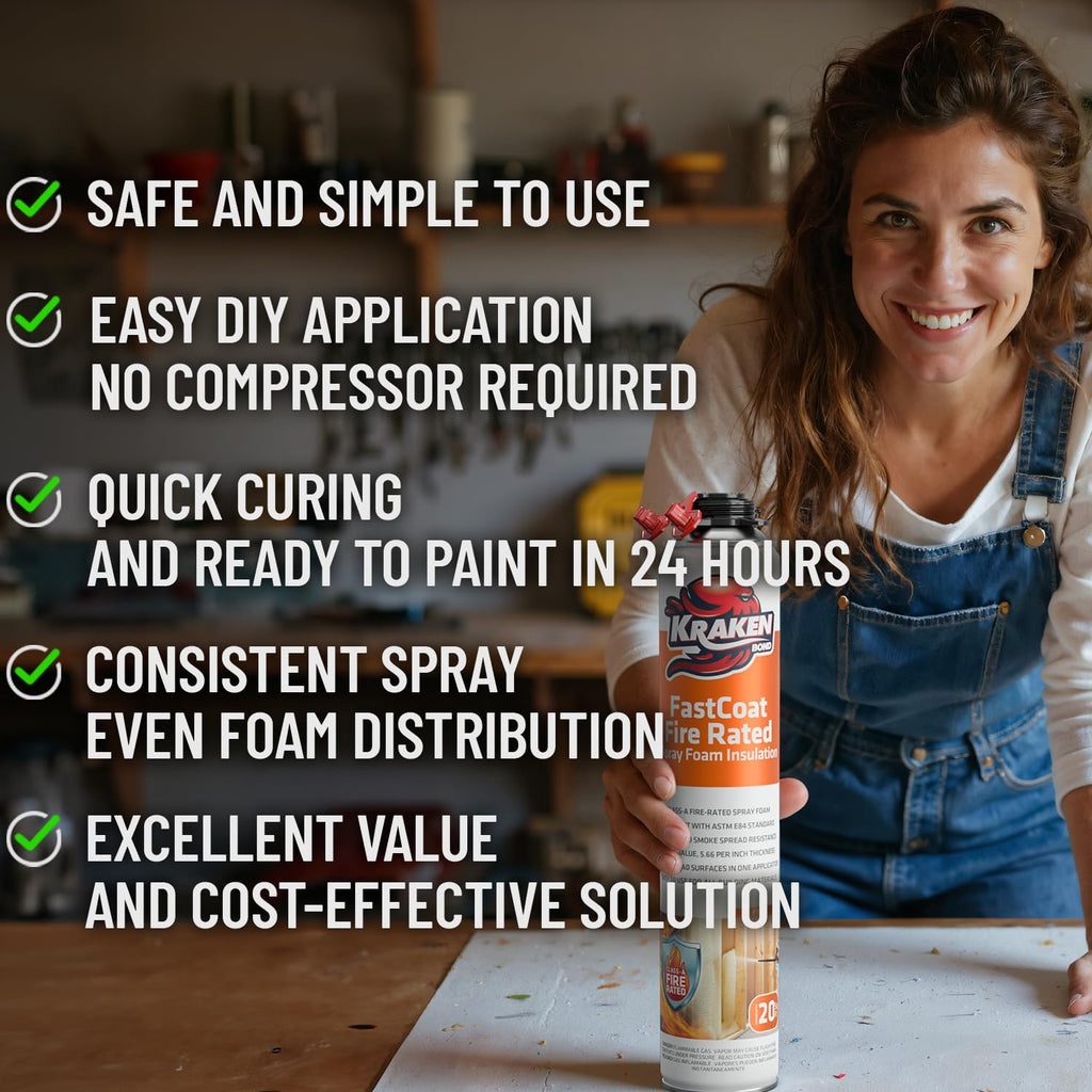 Kraken Bond Fastcoat Fire Rated Spray Foam Insulation Kit Closed Cell in a Can 120 sq ft (6x27.1 oz.) (R-Value 11.32 / 2in) - Spray Foam for Garage Door, Attic, Wall Gun & Cleaner Included, 6 Pack
