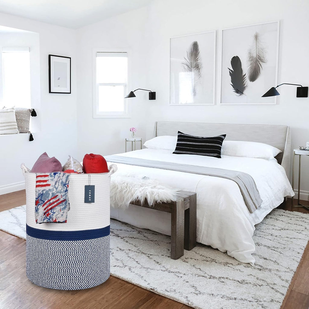 COMSE Extra Large Blanket Basket, Tall Woven Storage Basket, Nursery Hamper, 15.7”x 21.7”, Cotton Rope Laundry Hamper for Toys Clothes Towels, Blend White/Navy Blue