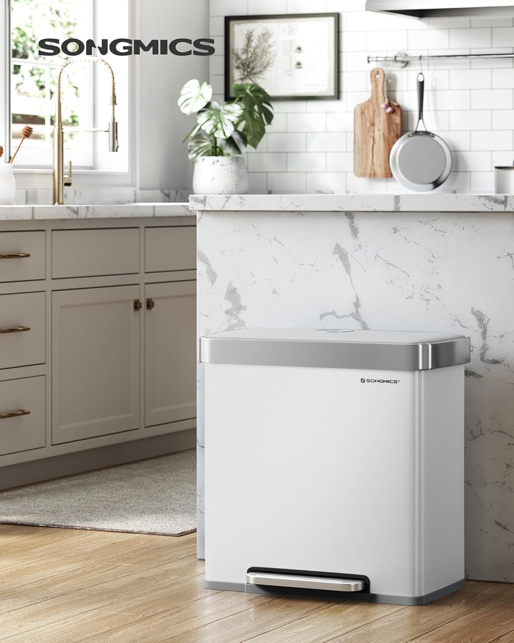 SONGMICS Kitchen Trash Can, 16 Gallon (2 x 8 Gallon) Dual Compartment Garbage Can, 60L Pedal Recycling Bin, Stays Open and Soft Close, Stainless Steel, 15 Bags Included, Cloud White ULTB202W01