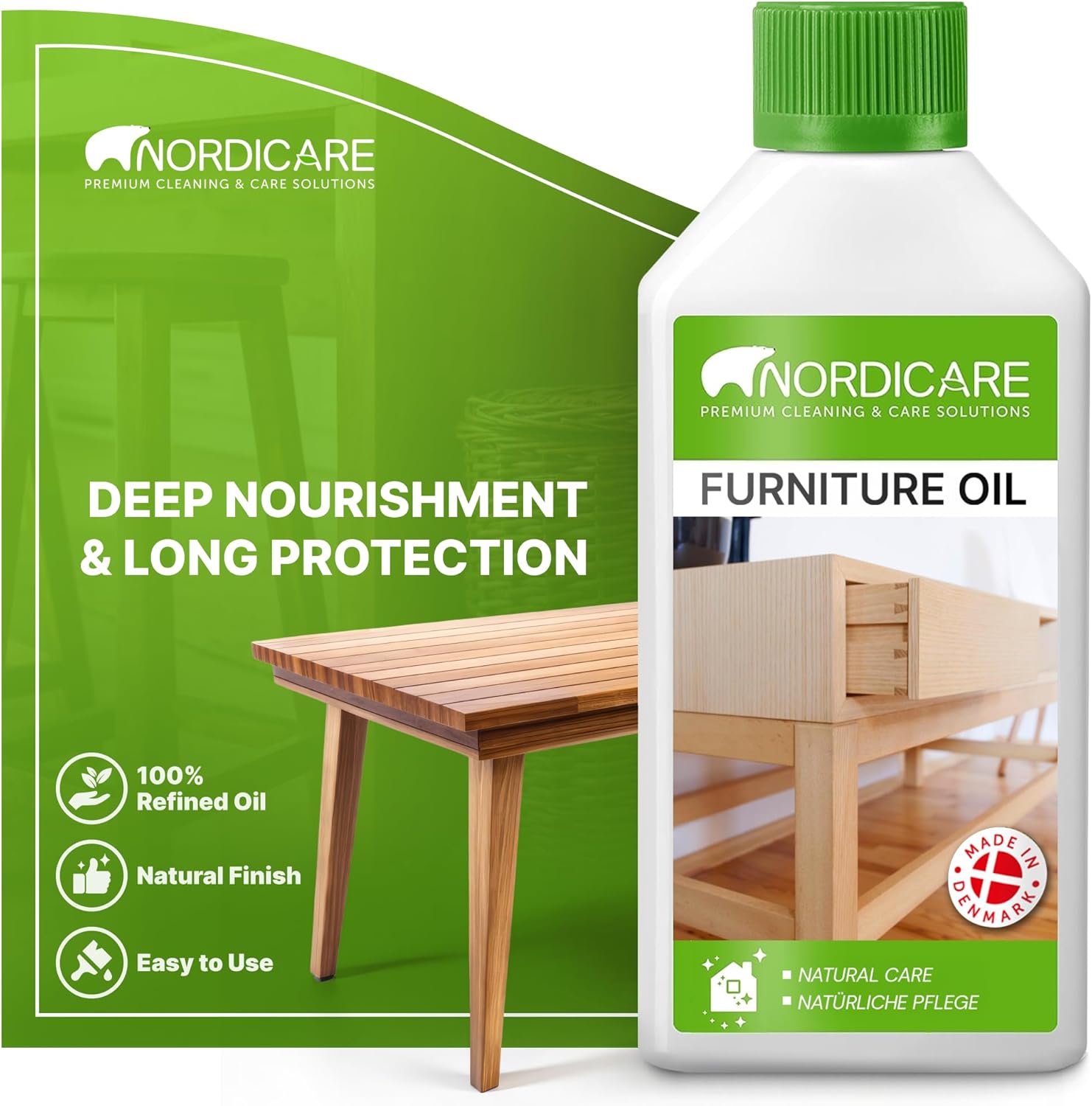 Nordicare Wood Oil Colorless - Premium Walnut Oil, Teak Oil, Wood Oil Furniture for Oak, Beech, Teak, Walnut, Pine, Larch - Natural Furniture Wood Oil - Made in Denmark - for Indoor Use (16.9 oz)