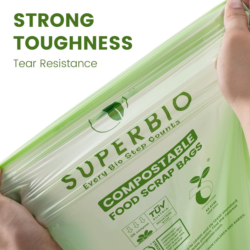 SUPERBIO 2.6 Gallon Compostable Food Waste Bags, 100 Count, 1 Pack, Flat Top Food Scrap Bags， ASTM D6400，Certified by BPI and OK compost INDUSTRIAL,9.84L
