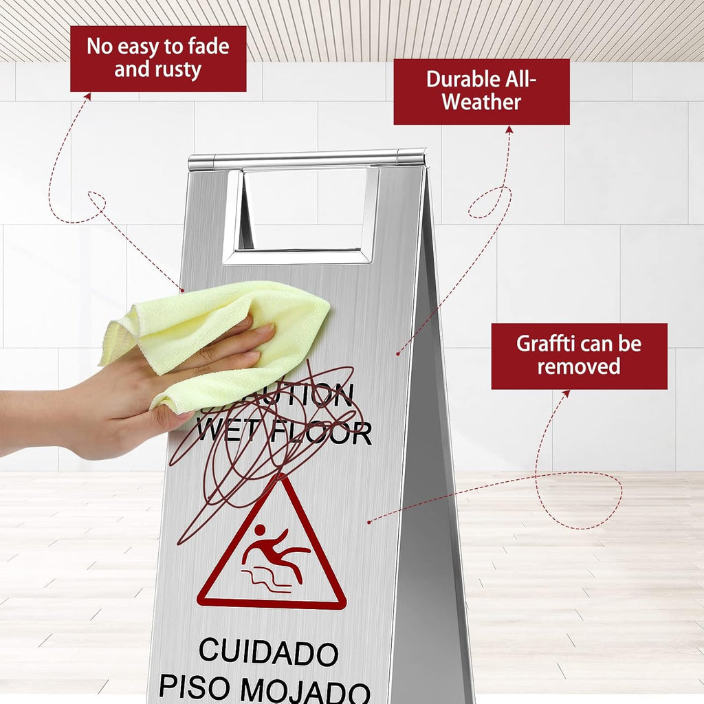 Kigley 2 Pcs Wet Floor Sign, 24 Inch Stainless Steel Caution Wet Floor Sign Double Sided Portable Foldable Bilingual Safety Warning for Hotel Market Restroom Restaurant Office (Silver)