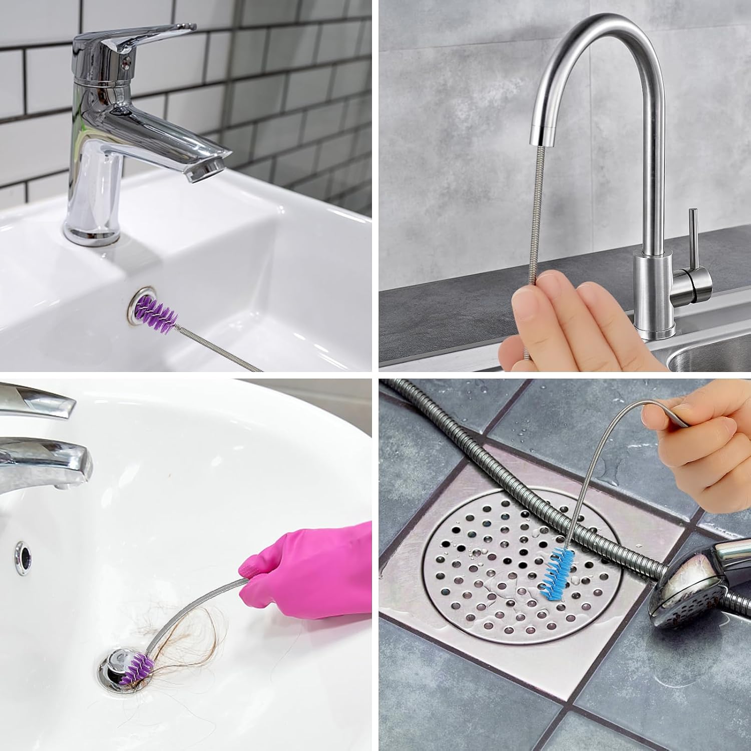 2 Pcs Tube Cleaning Brushes Flexible Long Drain Brush, 67 inch Stainless Steel Double Elastic Cleaner Hose Tube Brush and 4 Pcs 9 inch Straw Cleaning Brush for Bathroom Sink,Shower Brushes.