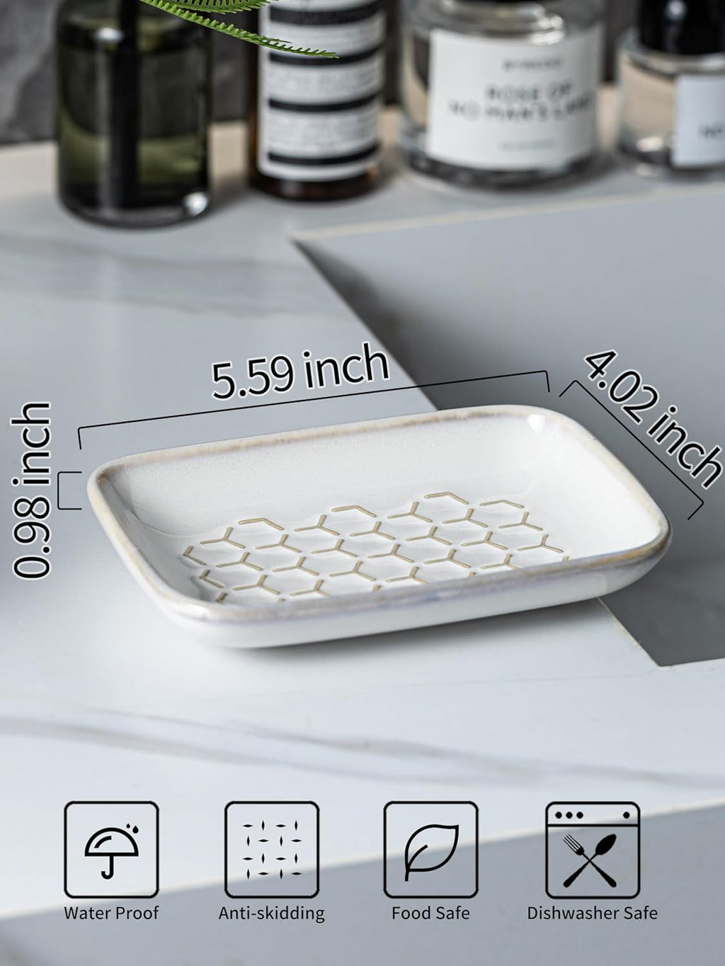 Gomakren Soap Dish for Shower, Bar Soap Holder, Ceramic Soap Dishes for Bar Soap, Sponge Holder Soap Saver Soap Tray for Bathroom Kitchen Sink, 5.5 Inch, Beige