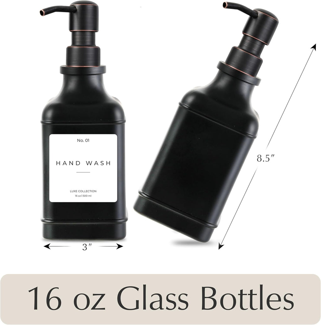 Emerson Essentials Soap Dispenser, Dish Soap Dispenser, Soap Bottle Farmhouse - Hand Soap Dispenser, Kitchen Soap Dispenser Set - Glass Soap Dispenser with Pump and Labels, 16 Oz, 2 Pack