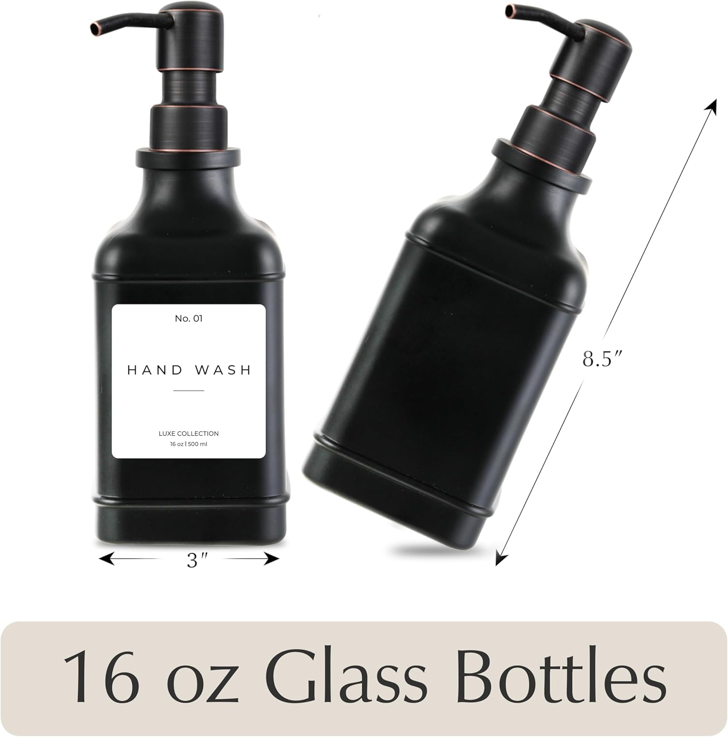 Emerson Essentials Soap Dispenser, Dish Soap Dispenser, Soap Bottle Farmhouse - Hand Soap Dispenser, Kitchen Soap Dispenser Set - Glass Soap Dispenser with Pump and Labels, 16 Oz, 2 Pack