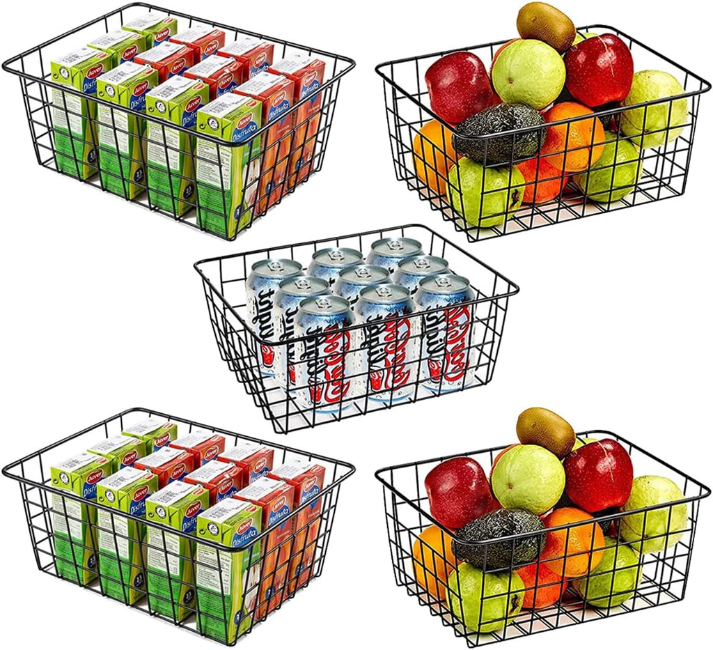 5 Pack Wire Storage Baskets, Premium Pantry Baskets for Storage, Metal Freezer Storage Organizer Baskets Bins with Handles for Kitchen Cabinets, Pantry, Bathroom (Black, Small)