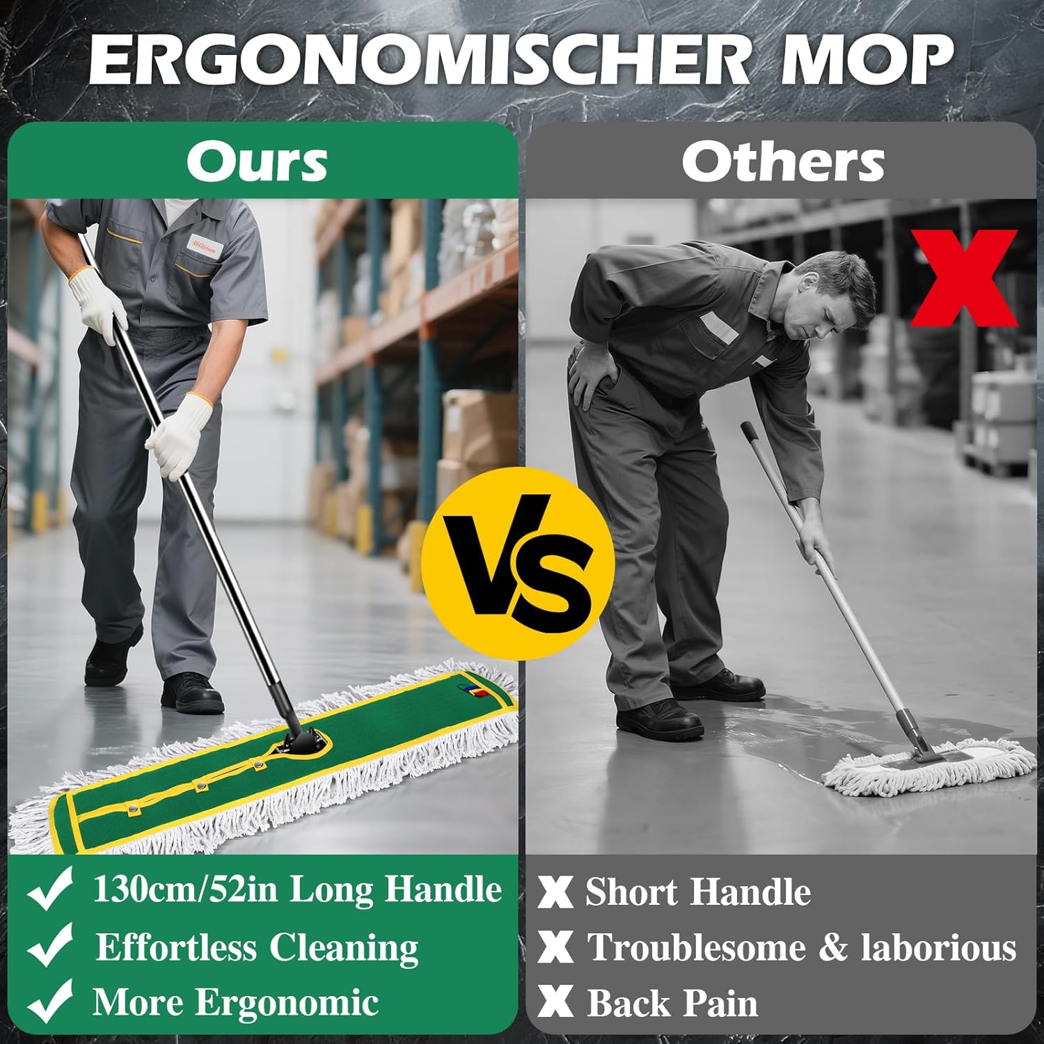 42" Commercial Dust Mop for Floor Cleaning, MASTERTOP Large Flat Mop with Long Handle, Sweeping Broom with 2 Different Mops Pads, Industrial Mop for Hardwood, Tile, Gym, Office, Mall, Warehouse