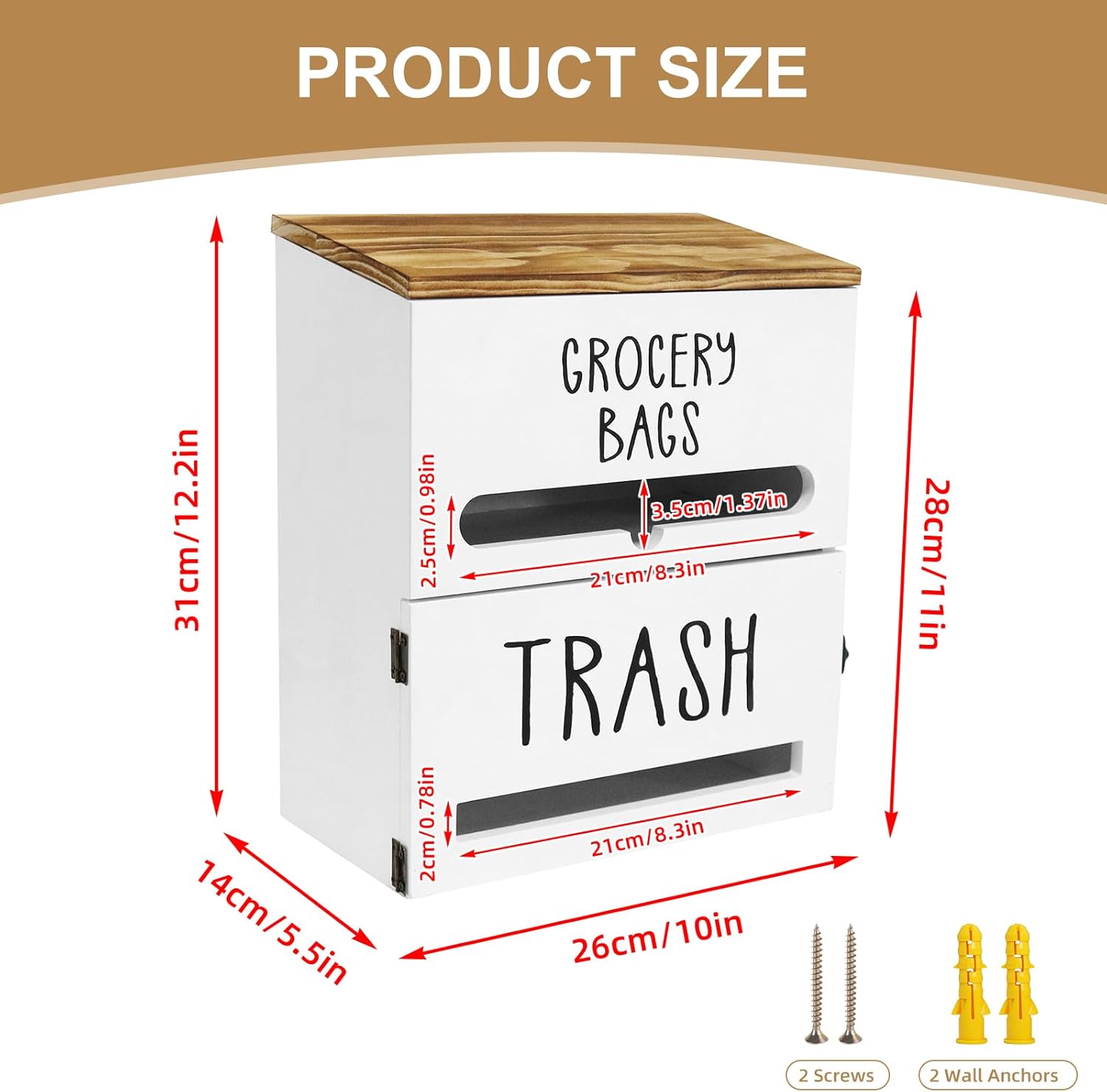 2 in 1 Trash Bag Dispenser, Double Wall Mounted,Wood Trash Bag Holder, used in kitchen, garage, laundry room, can store Environmentally friendly food bags and garbage bags (White)