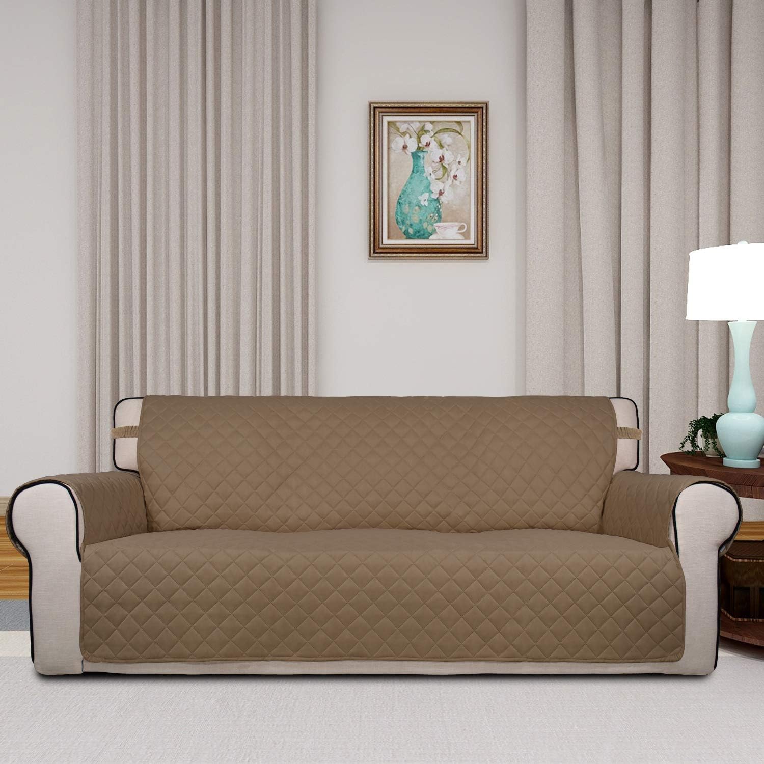PureFit Reversible Quilted Sofa Cover, Water Resistant Slipcover Furniture Protector, Washable Couch Cover with Non Slip and Elastic Straps for Kids, Dogs, Pets (Sofa, Camel/Ivory)