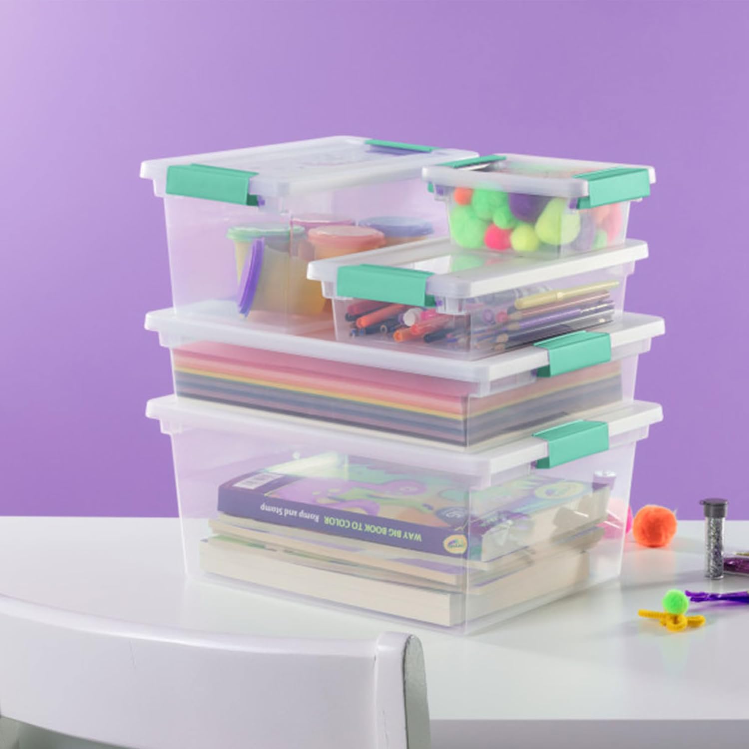 Sterilite 16-Pack Clip Box, Stackable Clear Plastic Bins with Latching Lids, Deep - Writing, Arts or Crafts Supplies Storage Containers for Home, Office, Classroom and Workshop Organization