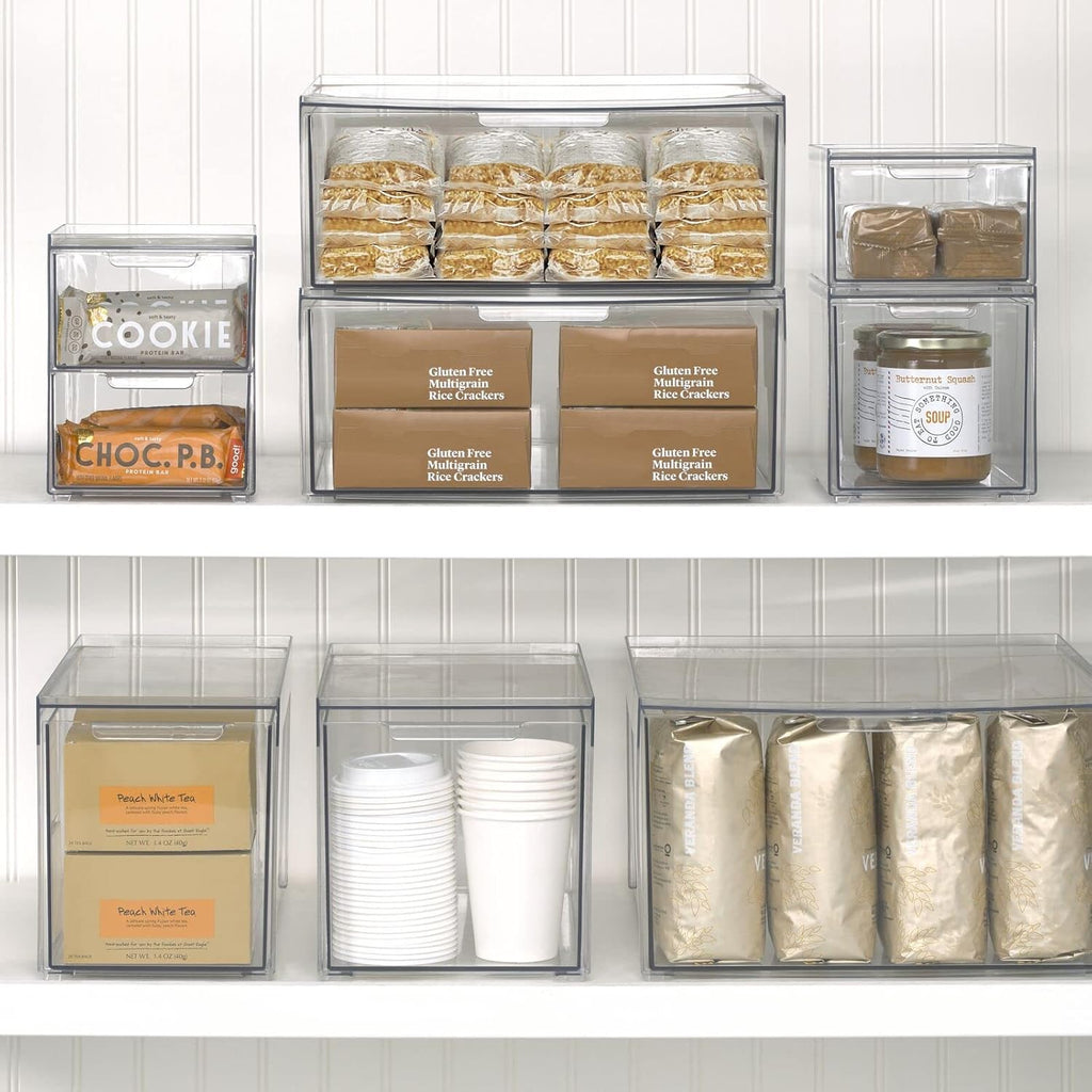 mDesign Plastic Pantry Organization and Storage Bin w/Pull Out Drawer - Slim Stackable Kitchen Supplies Storage Container for Organizing Cabinet, Fridge, Freezer - Lumiere Collection - 4 Pack - Clear