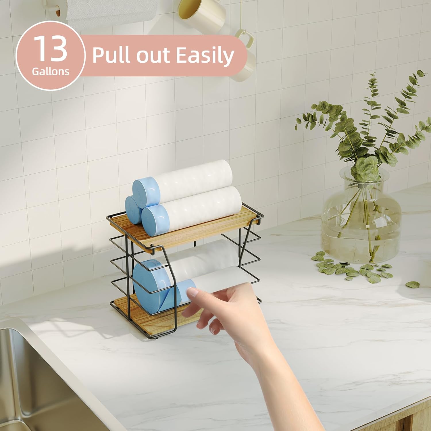 Trash Bag Holder/Dispenser with Lid, Stackable Storage Laundry Kitchen Organizers for Countertop Organization, Wall Mount Trash Bag Holder under Sink, No Drill