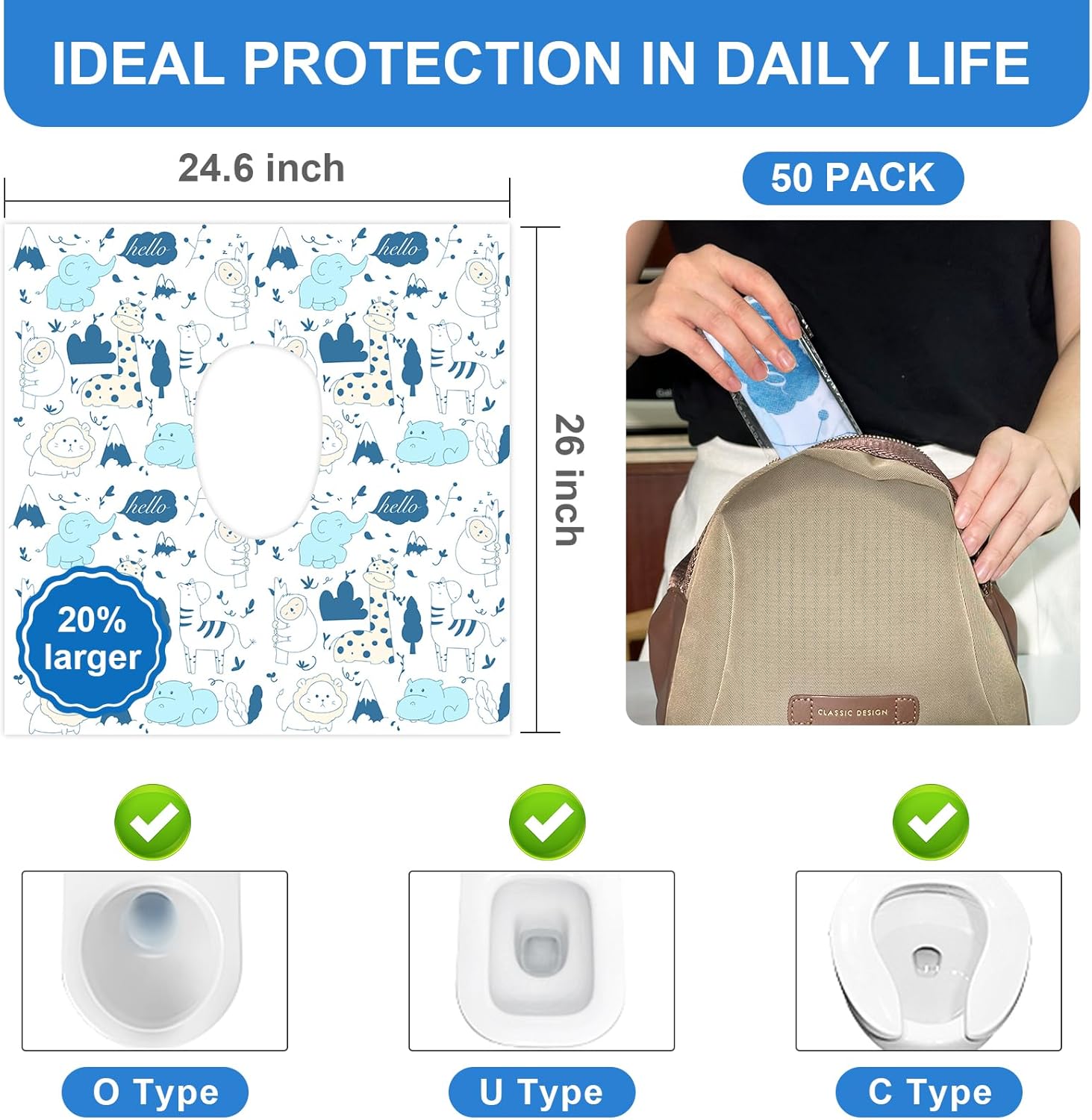 50 PCS Disposable Toilet Seat Covers, Extra Large Portable Potty Seat Covers for Toilet, Bathroom, Toddler & Kid Potty Training Seat Cover, Travel Essentials for Airplane, Trip-Animal