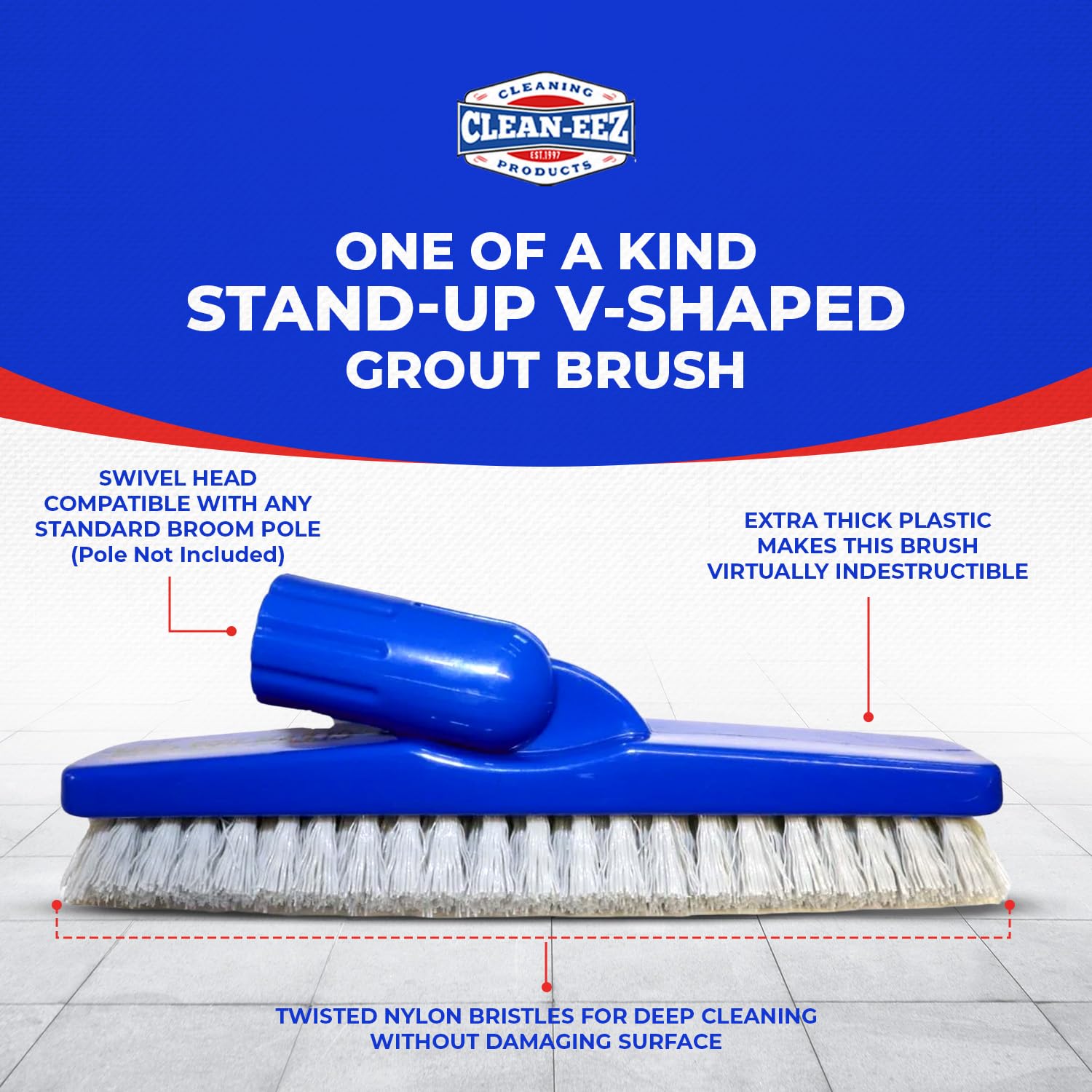 Clean-eez Grout-eez Tile Cleaner with Stand-Up Brush Head – 32 oz Heavy-Duty Stain Remover for Ceramic and Porcelain Floors – Safe for Colored Grout – Not for Natural Stone – Pole Not Included