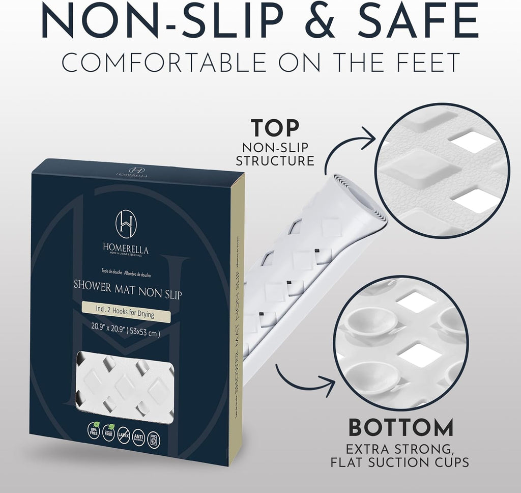 Homerella Anti Slip Shower Mat | Anti Mold Non Slip Bathtub Mat for Inside Shower | Square Floor Shower Mat 21 x 21 inch with Suction Cups for Grip & Hooks Hanging and Quick Drying | Machine Washable