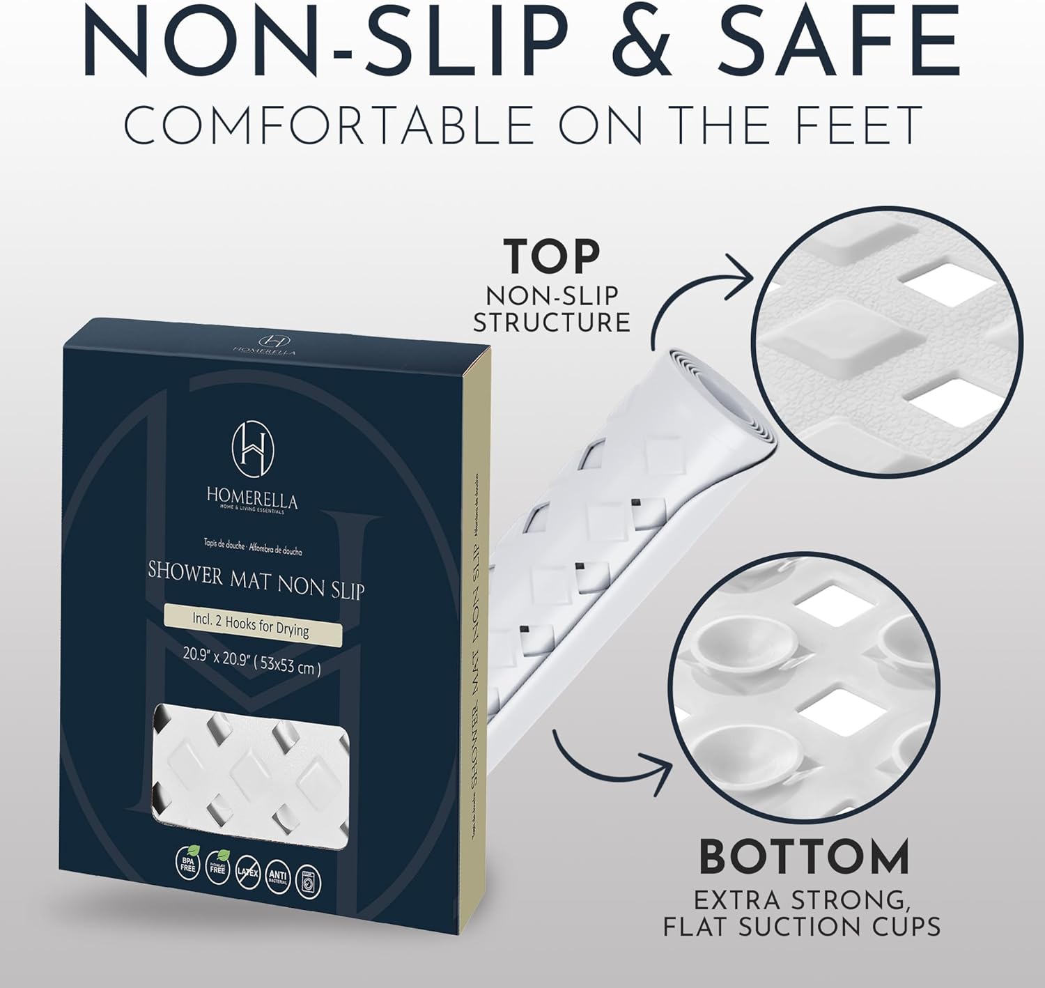 Homerella Anti Slip Shower Mat | Anti Mold Non Slip Bathtub Mat for Inside Shower | Square Floor Shower Mat 21 x 21 inch with Suction Cups for Grip & Hooks Hanging and Quick Drying | Machine Washable
