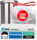 Reli. 6-10 Gallon Trash Bags Drawstring | 500 Count Bulk | 22"x23" | 6, 8, 10 Gallon Drawstring Garbage Bags | White Trash Can Liners | Small - Medium