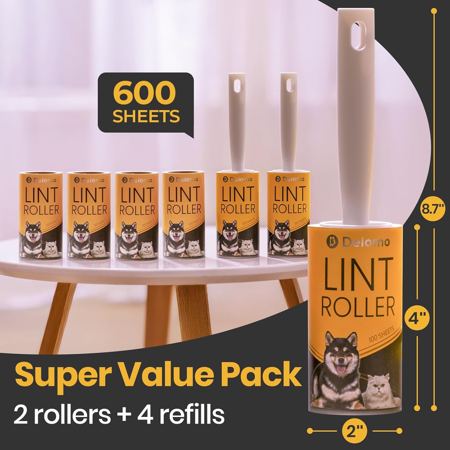 DELOMO Lint Roller 600 Sheets (2 Rollers + 4 Refills) - Lint Rollers for Pet Hair Extra Sticky, Mega Value Pet Hair Removal Tool for Clothes/Couch/Furniture/Car - Keep Your Home Tidy
