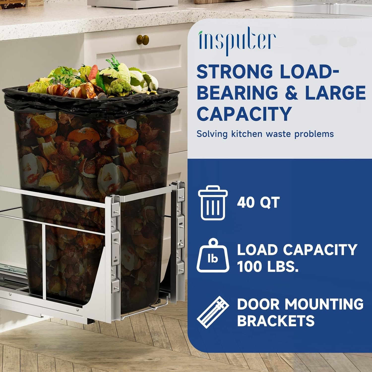 Pull Out Trash Can Under Cabinet with Push to Open Slides, Insputer Heavy Duty Under Sink Garbage Can Kit for Kitchen, Laundry, Not Included Bin, Requires 15" W X 18" D Cabinet, has Installation video