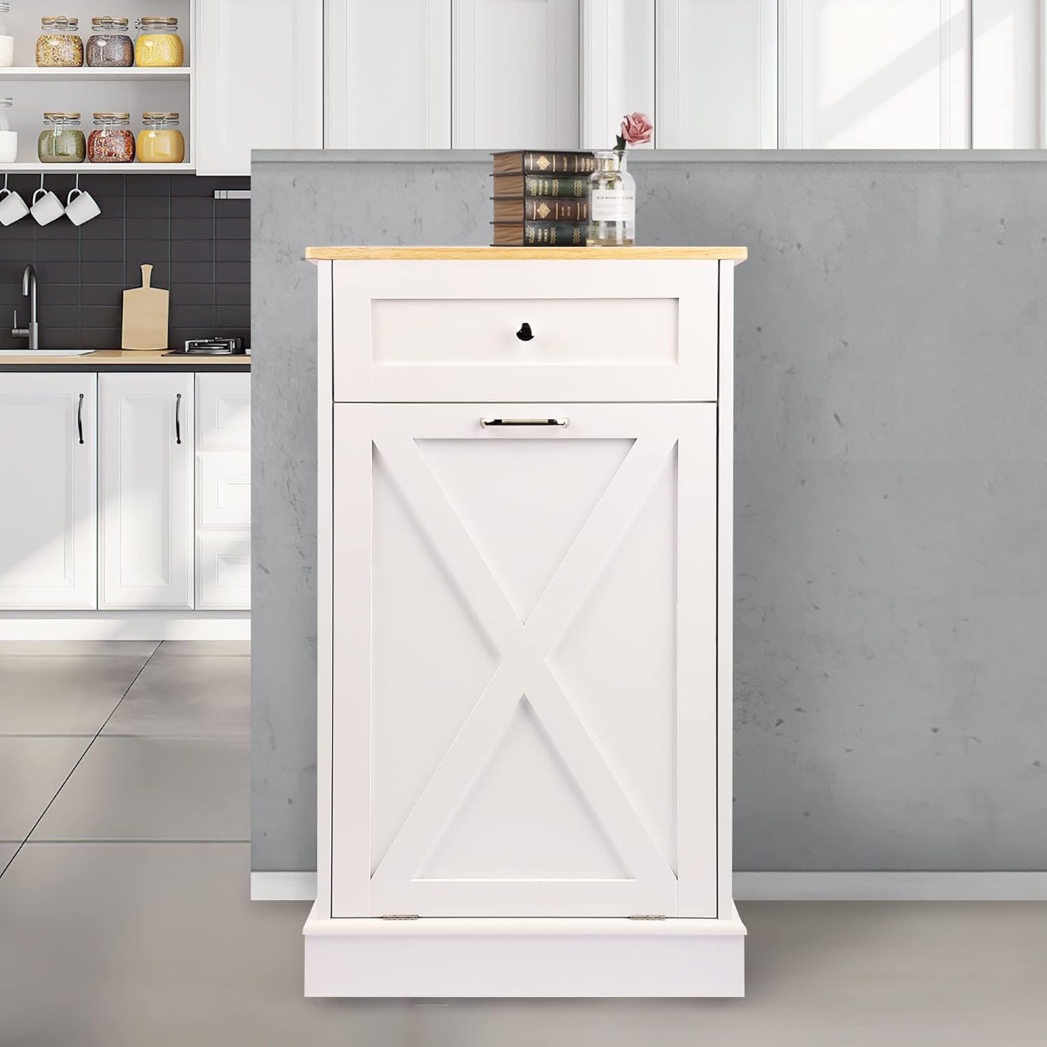 Betterhood Tilt Out Trash Cabinet 10 Gallon Wooden Free Standing Laundry Sorter Cabinet,Recycling Cabine with Hideaway Drawer,Tilt Out Trash Cabine Can Bin Kitchen (White)