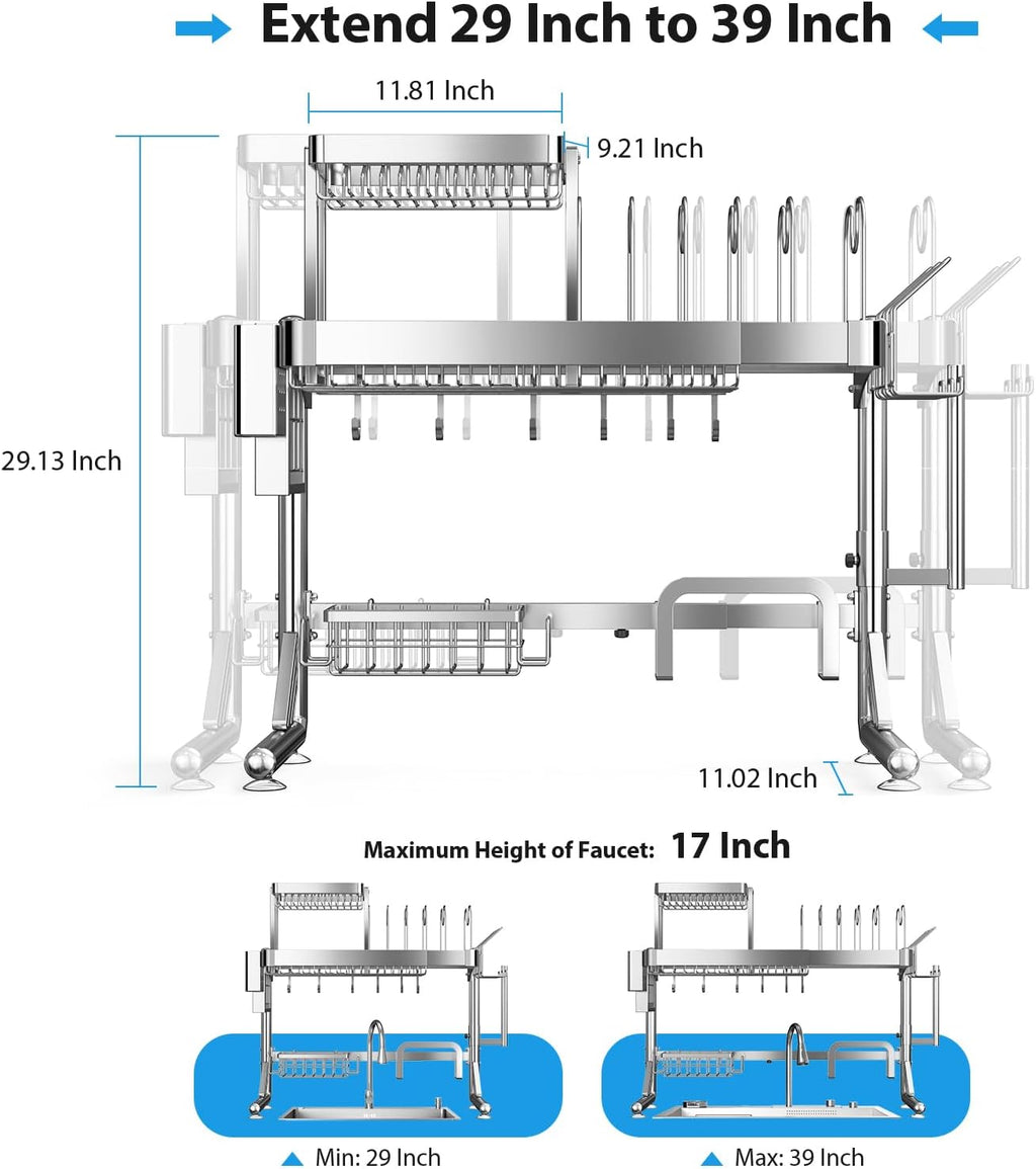 Over Sink Dish Drying Rack, Upgrade 2.5-Tier 304 Stainless Steel Dish Rack Adjustable Length with Pots and Pans Rack, Modern Over The Sink Dish Drainer Rack for Kitchen Storage Counter Organizer