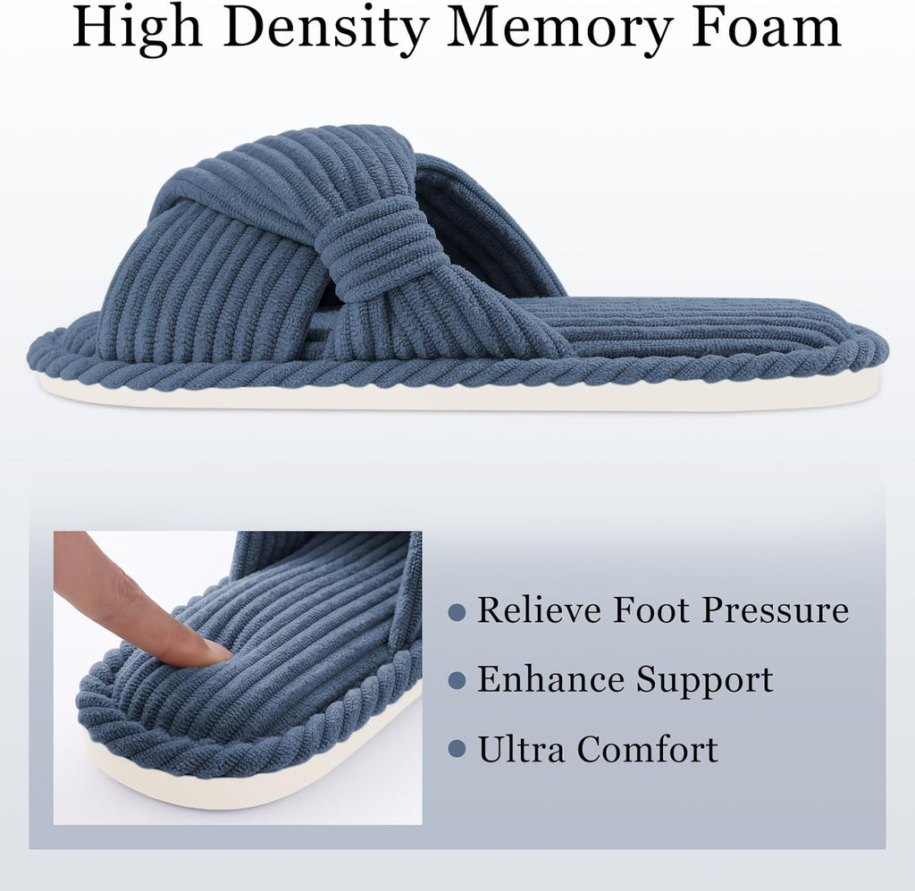 Evshine Summer House Slippers for Women Corduroy Cross Bow Indoor Slippers Open Toe Slip On Bedroom Shoes with Memory Foam