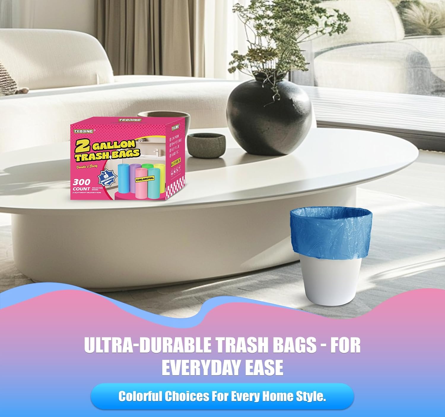 300 Count 2 Gallon Trash Bags - 7.5 Liter Colored Small Garbage Bags Unscented Wastebasket Liners Heavy Duty & Leakproof Mini Can Liners for Bathroom Office Home Car