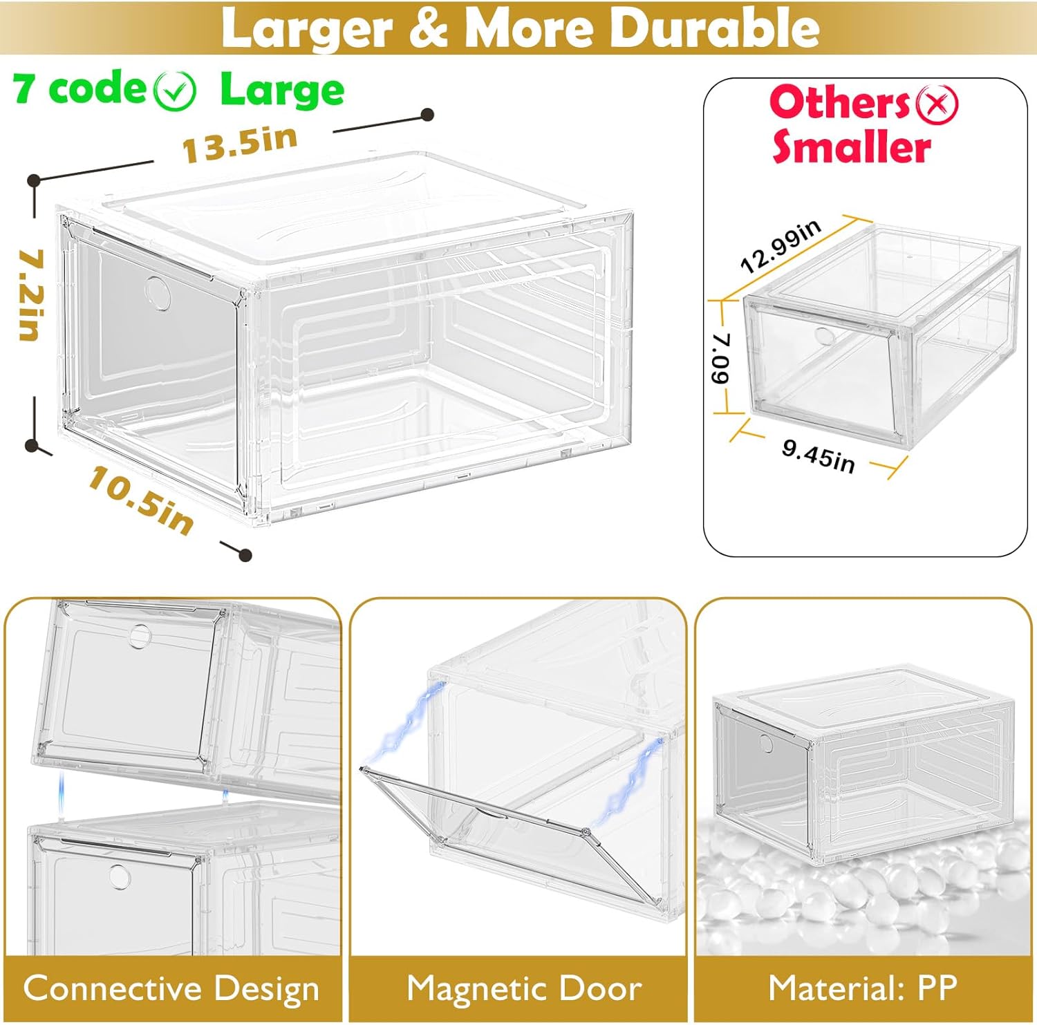 Thicken & Sturdy Clear Shoe Storage Organizer with Magnetic Door, Stackable Boxes for Closet, Foldable Space-Saving Shoe Rack for Sneaker Boot Container, Plastic Shoe Cabinet Shoe Box 6 Pack, White