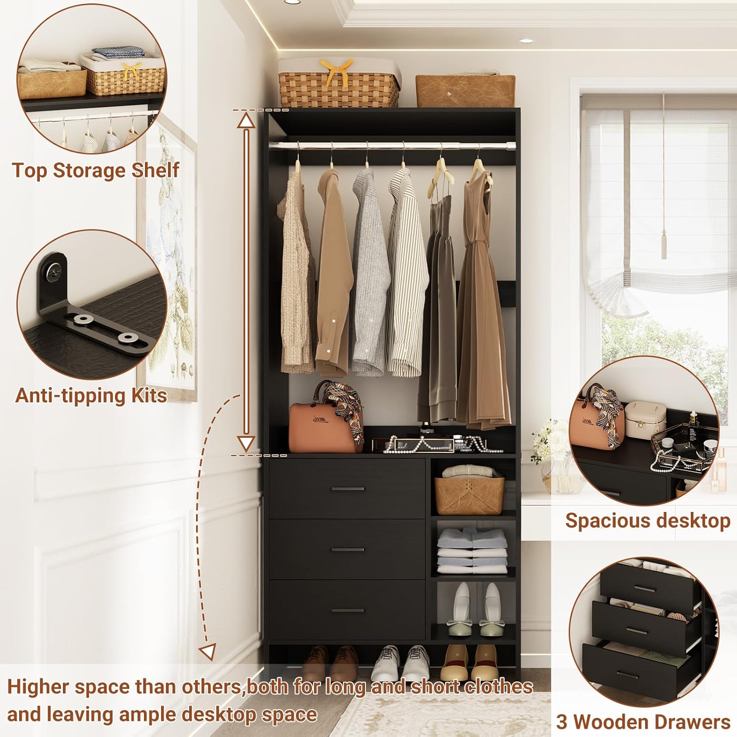 Aheaplus 2.5FT Closet System with 3 Drawers, 29.5’’ Closet Organizer, Wood Closet Organizer System, Walk-in Closet or Small Closets Wardrobe, Clothes Rack with Hanging Rods,-E6, Black