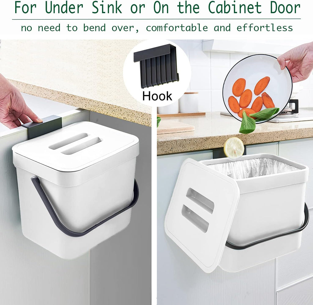 LALASTAR Trash Can with Lid, Wall-Mounted Under Sink Small Garbage Can for Kitchen, Bathroom, Hanging Plastic Trash Can, 1.8 Gallon, White