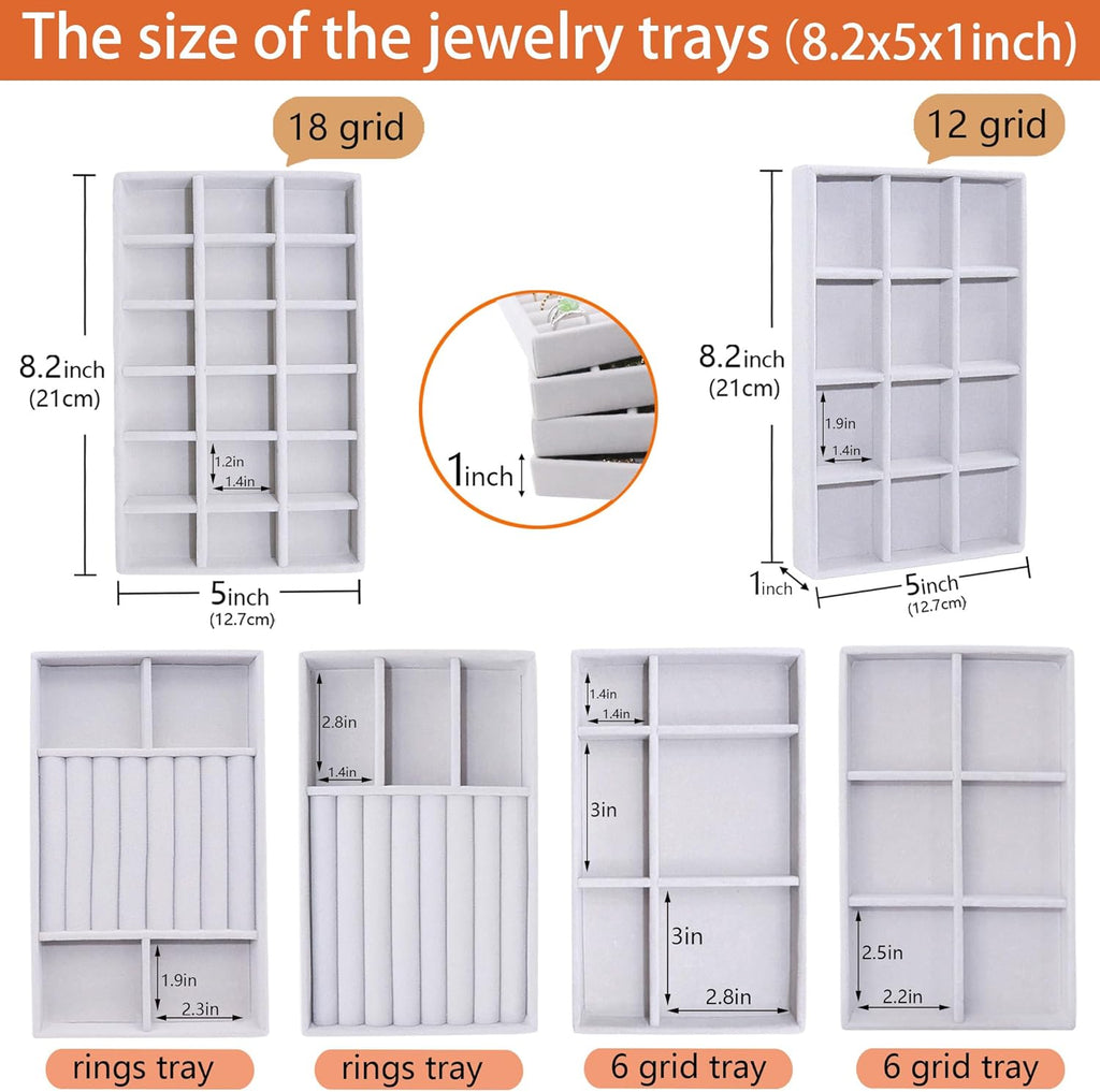 Jewelry Storage 8PACK, Velvet Jewelry Organizer Trays, 4PCS Stackable Jewelry Tray for Drawers, Grey Organizer for Rings, Earrings, Necklaces, Watches, Bracelets, Brooches