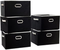 PRANDOM Larger Collapsible Storage Bins for Closet [5-pack] Decorative Linen Fabric Storage Baskets Cubes with Leather/Metal Handles for Living Room Black (17.3x12.2x10.4 Inch)