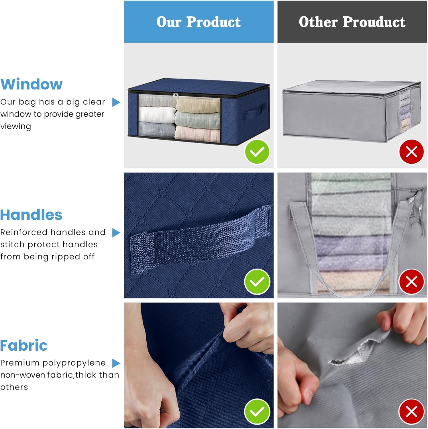 HomeHacks Storage 10-Pack Clothes Organizer Storage Bags Foldable Storage Box with Large Clear Window Sturdy Handles for Closet, Dorm, Pillows, Bedding, Clothes, Blankets, 35L, Blue